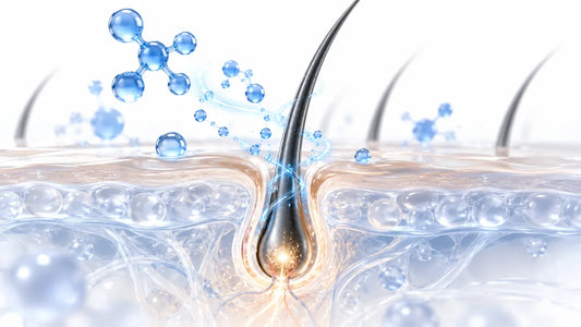 Conceptual illustration of a hair follicle with blue molecular motifs