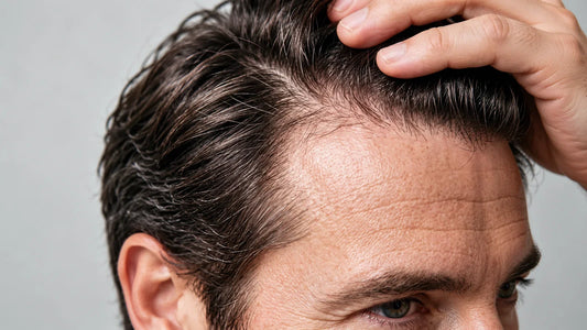 Close-up of a man's hairline and eyebrow