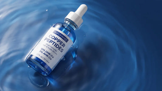 AIFUFAND copper peptide serum bottle in a blue-toned promotional image