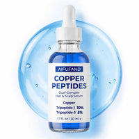 AIFUFAND copper peptide serum bottle on a blue water background