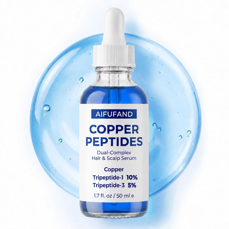 AIFUFAND copper peptide serum bottle on a blue water background