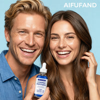 A smiling couple holding AIFUFAND copper peptide serum