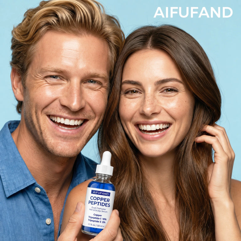 A smiling couple holding AIFUFAND copper peptide serum